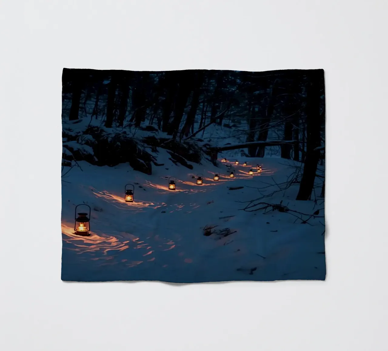 Snowy Forest Path Lined with Lanterns fleece blanket by DesignDoodle