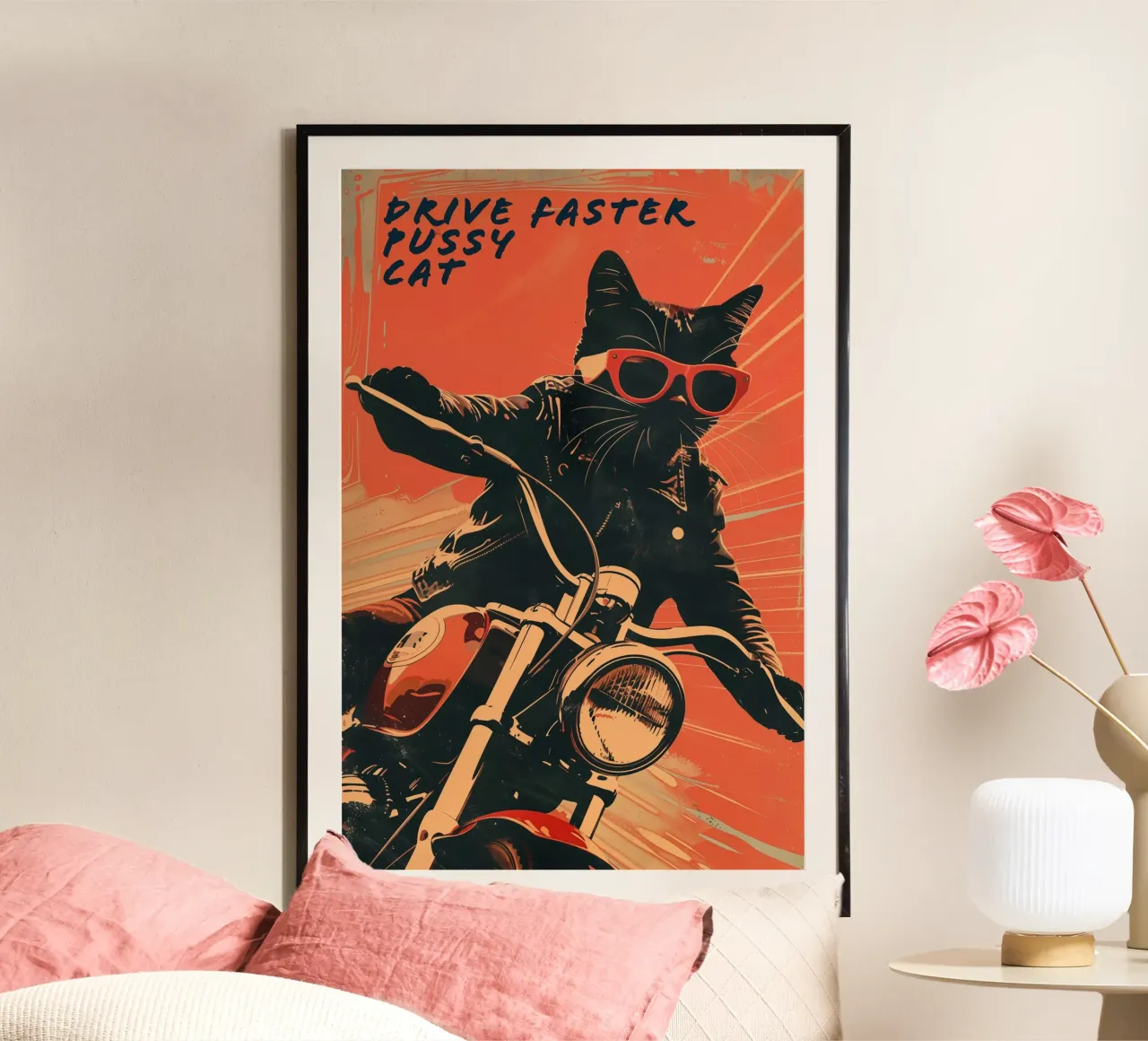 Drive Faster Pussy Cat poster met kunststof frame van Autofocus