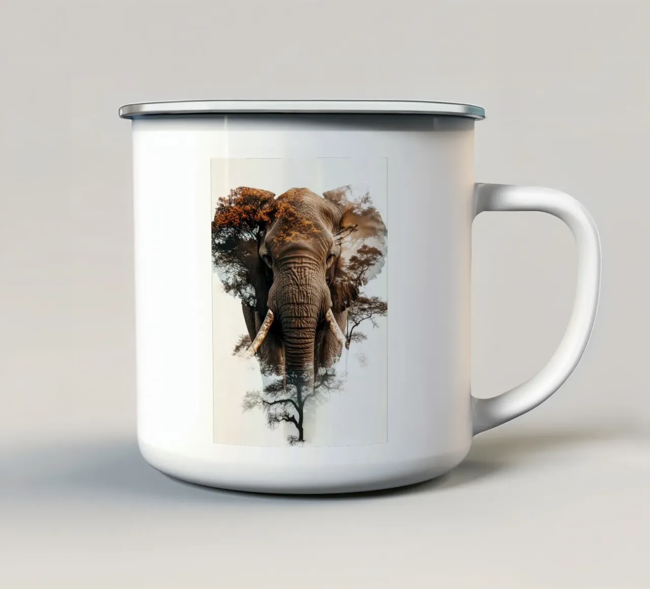 Elefante e albero Doppia esposizione tazza in smalto da Barbara Wright