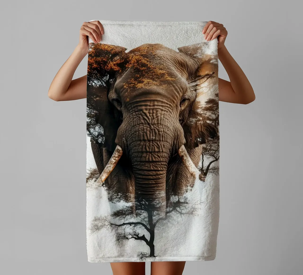 Elephant and Tree Double Exposure towel by Barbara Wright