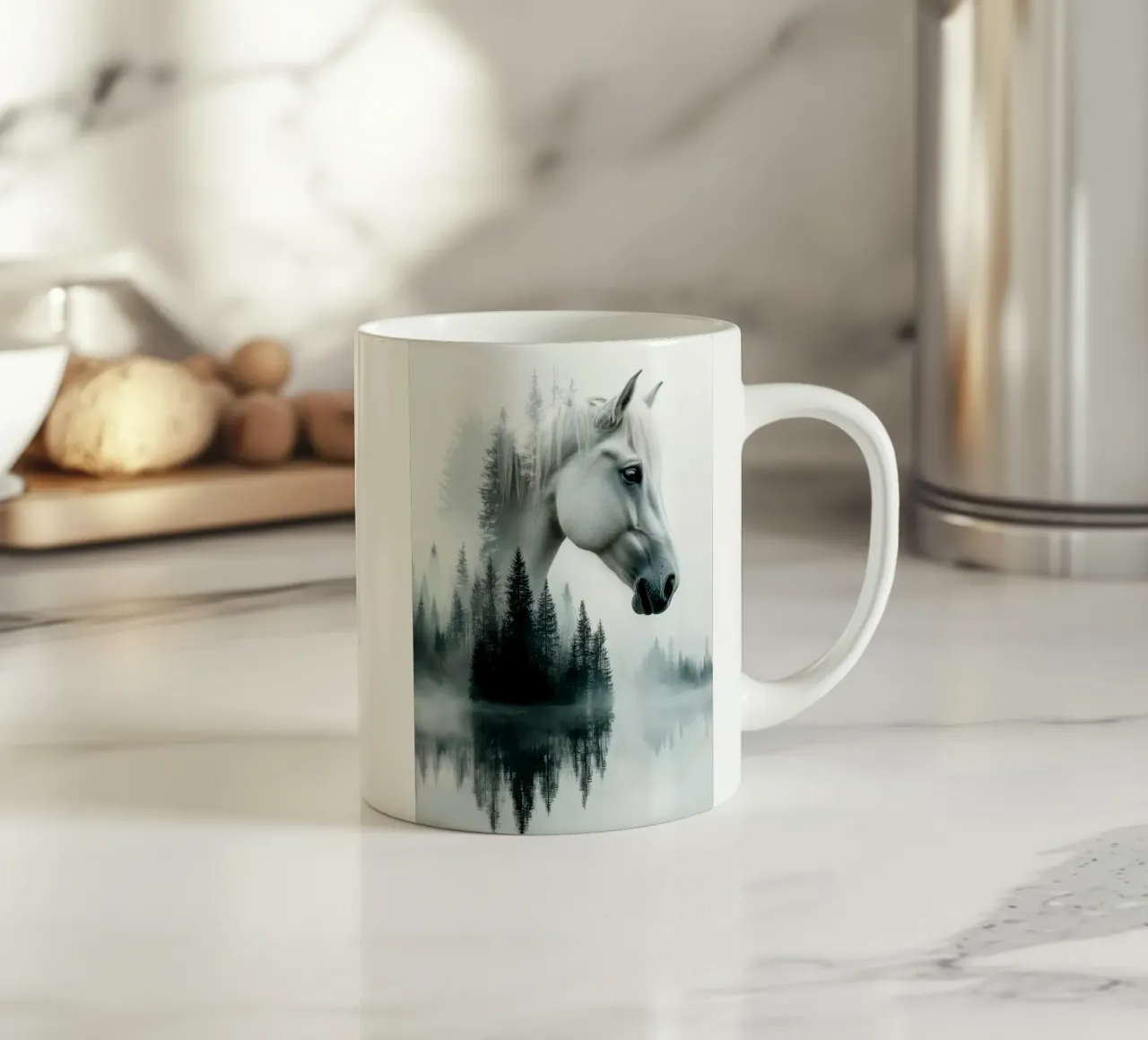 Cavallo bianco nella foresta nebbiosa tazza in ceramica da Barbara Wright