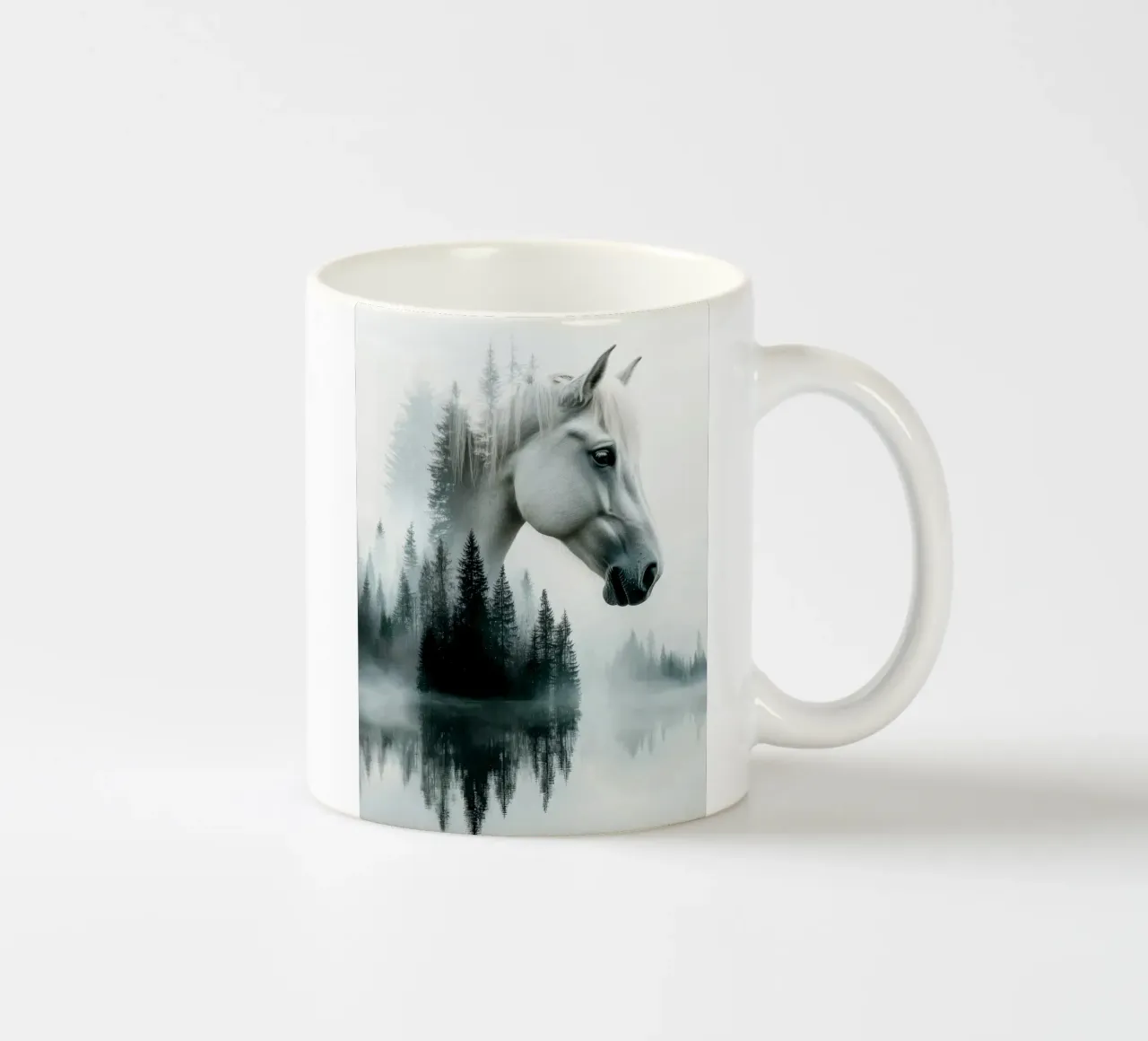 Cavallo bianco nella foresta nebbiosa tazza in ceramica da Barbara Wright