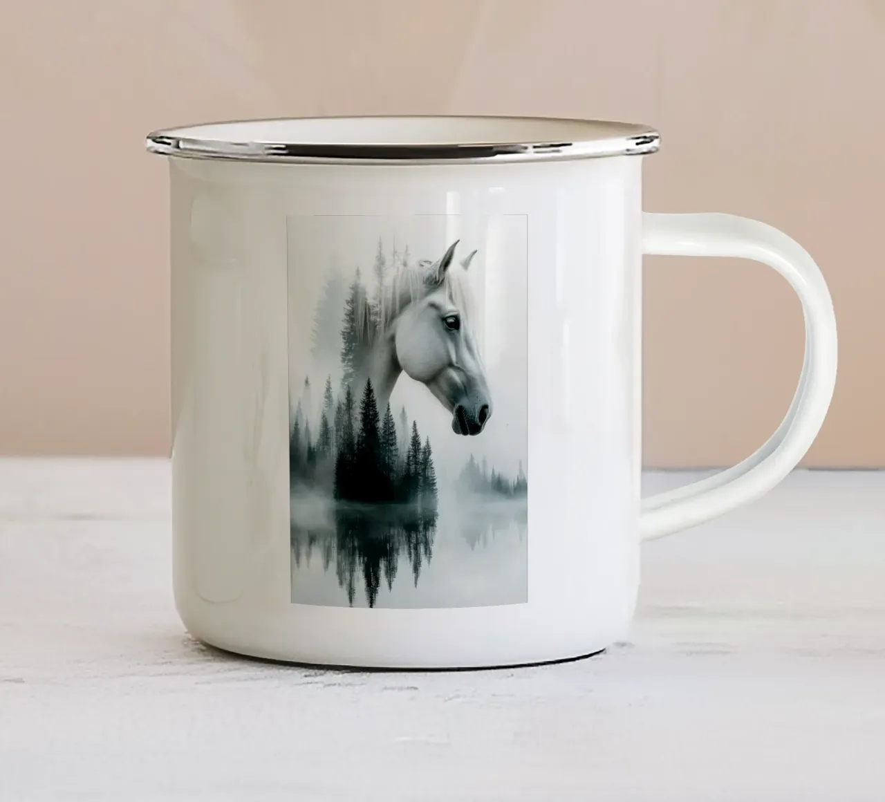 Cavallo bianco nella foresta nebbiosa tazza in smalto da Barbara Wright