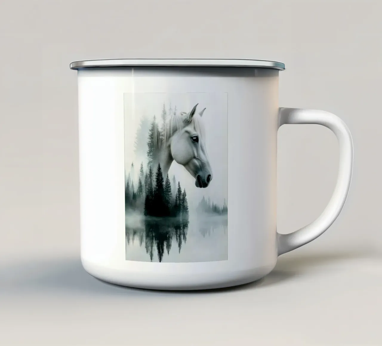 Cavallo bianco nella foresta nebbiosa tazza in smalto da Barbara Wright