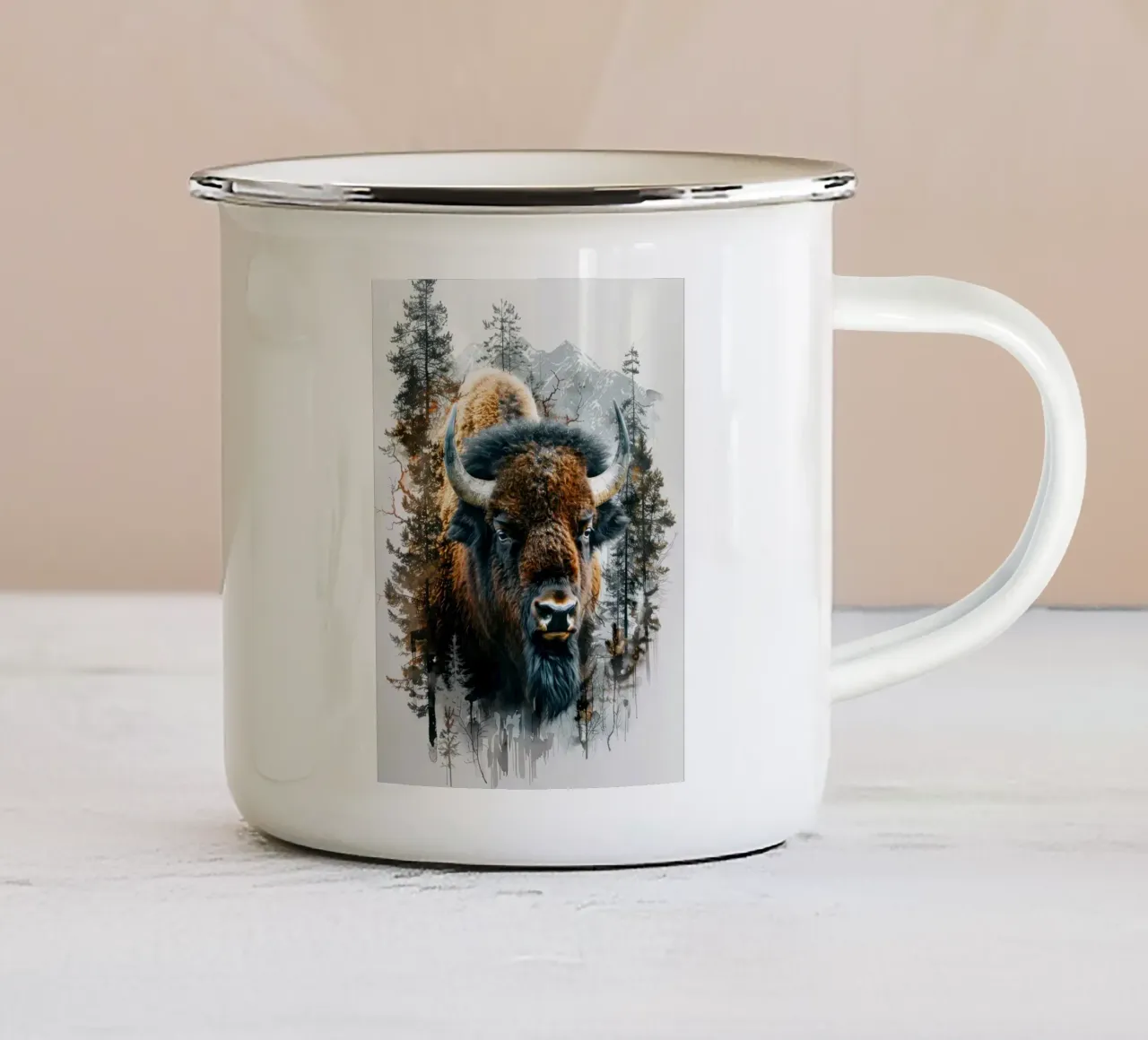 Bisonte nel bosco tazza in smalto da Barbara Wright