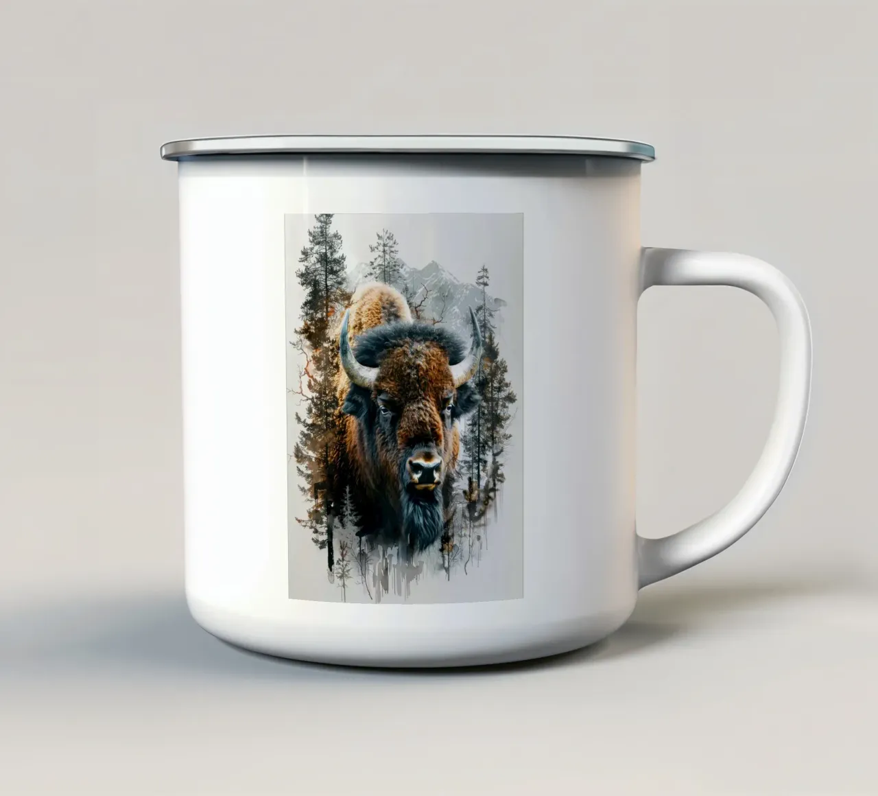 Bisonte nel bosco tazza in smalto da Barbara Wright