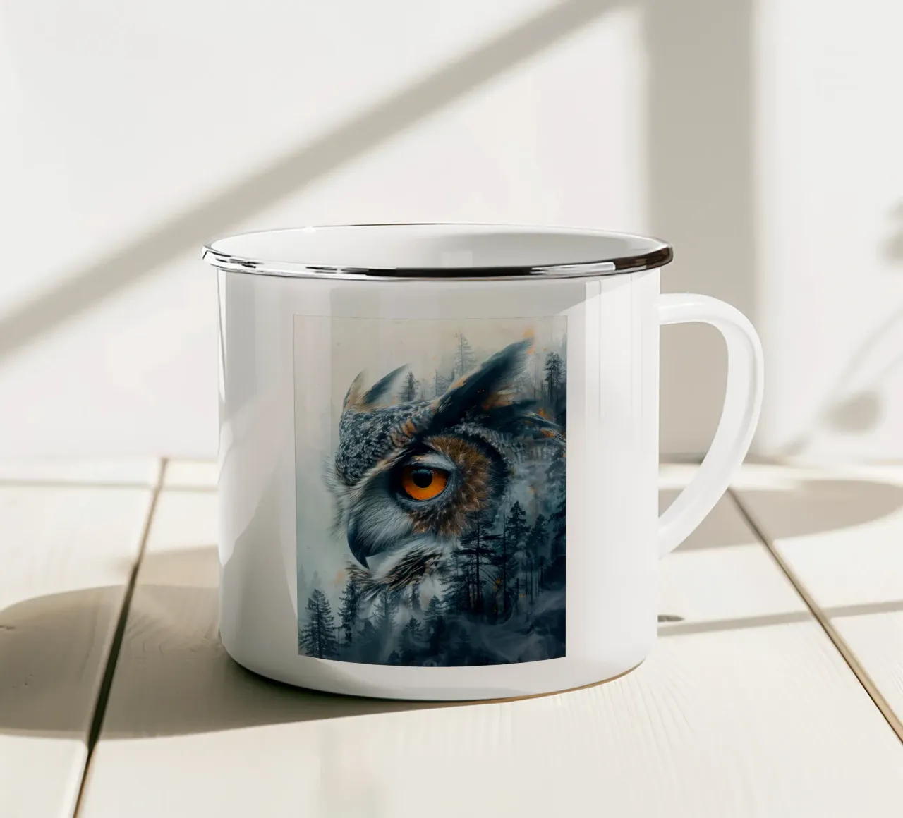 Ritratto di gufo tazza in smalto da Barbara Wright