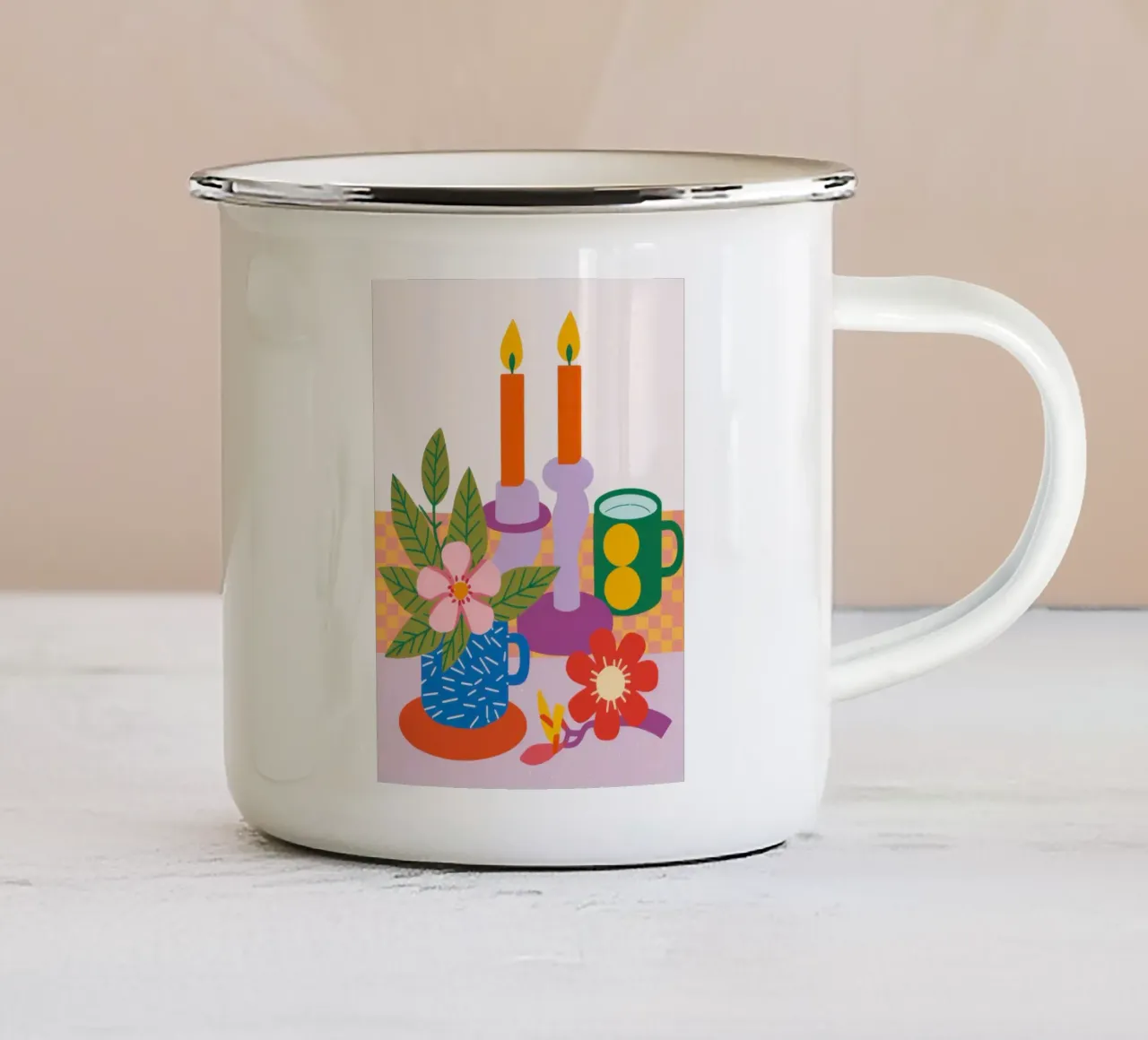 Bloemenoffer bij kaarslicht emaille mok van Kala Martir