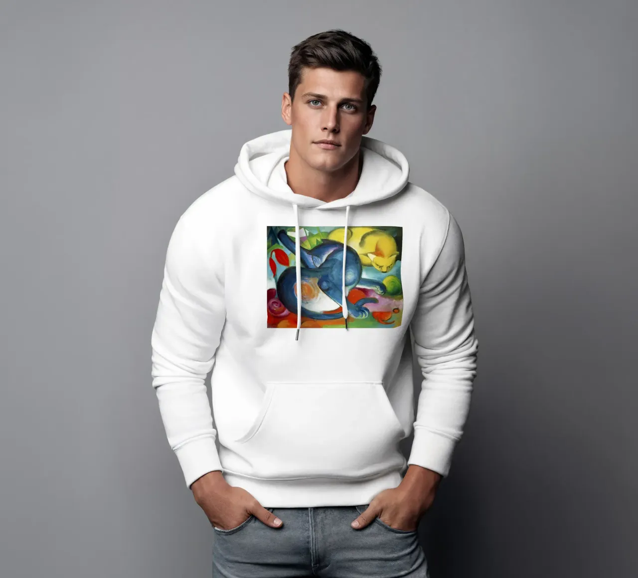 Franz Marc Due gatti, blu e giallo felpa con cappuccio da Jolie Prints