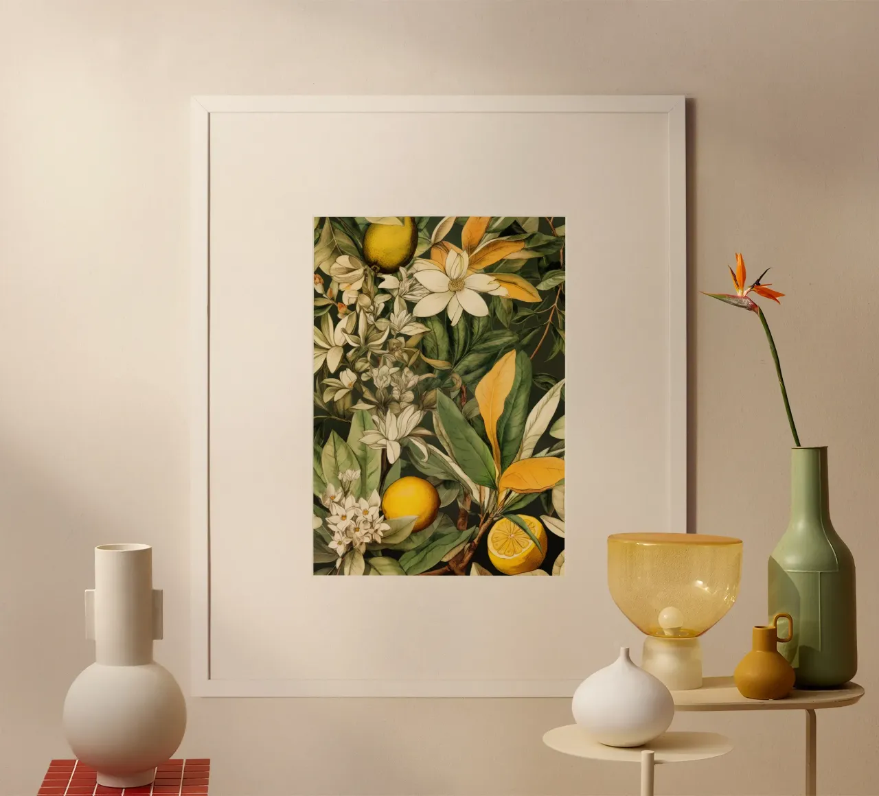 Arte della natura con fiori e frutta poster con telaio in legno da Justyna Jaszke JBJart
