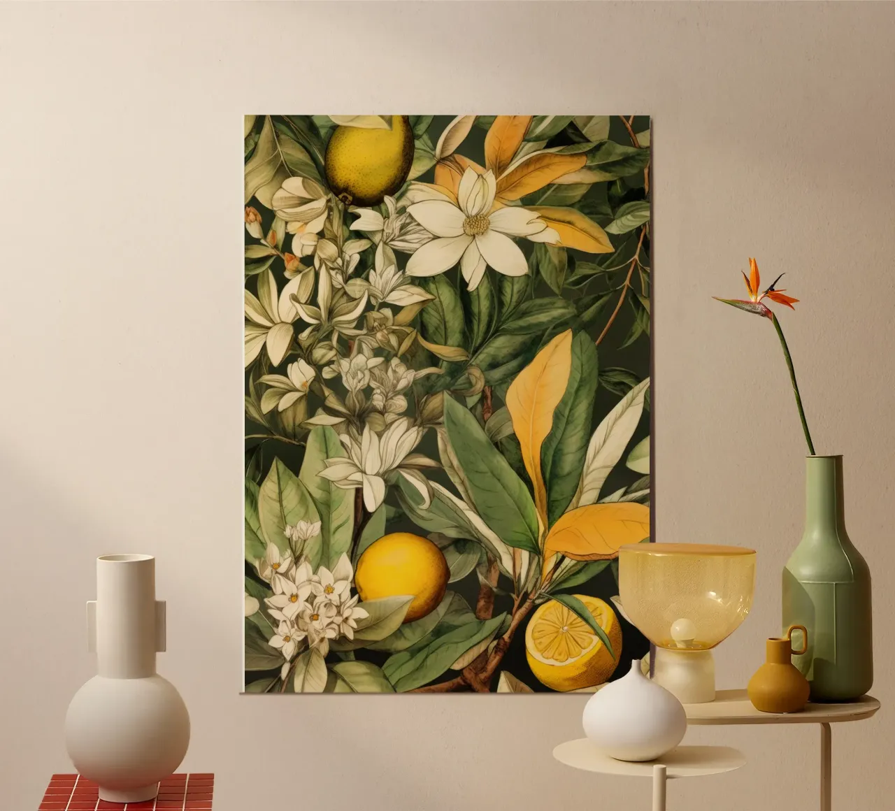 Arte della natura con fiori e frutta poster con telaio in legno da Justyna Jaszke JBJart