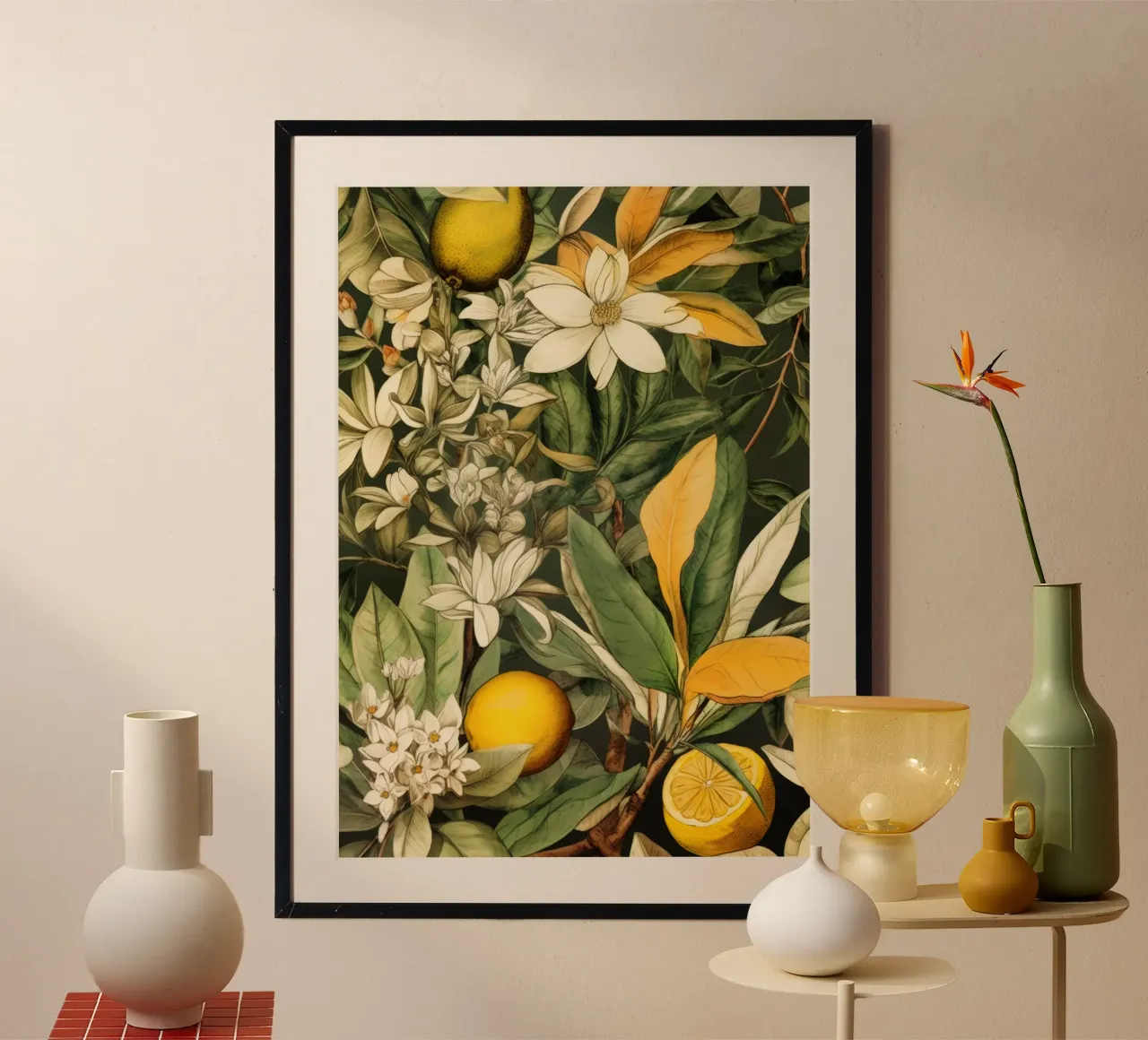 Arte della natura con fiori e frutta poster con telaio in legno da Justyna Jaszke JBJart
