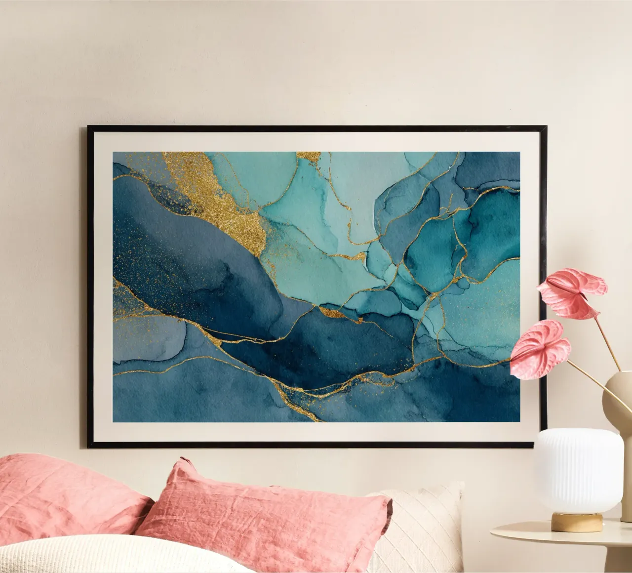 Diepblauw en groenblauw met gouden aders en elegant marmeren effect hahnemühle van Modern Muse