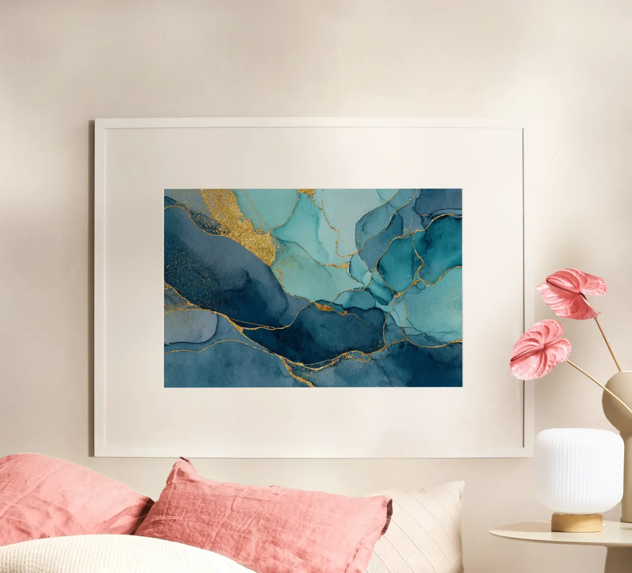 Diepblauw en groenblauw met gouden aders en elegant marmeren effect hahnemühle van Modern Muse