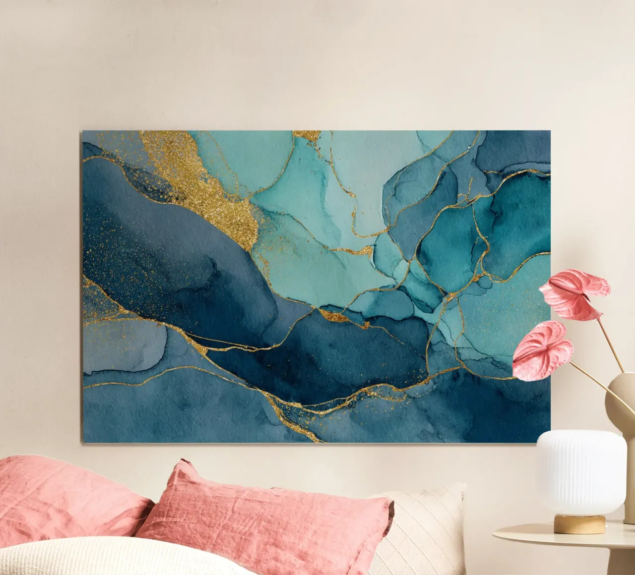 Diepblauw en groenblauw met gouden aders en elegant marmeren effect hahnemühle van Modern Muse