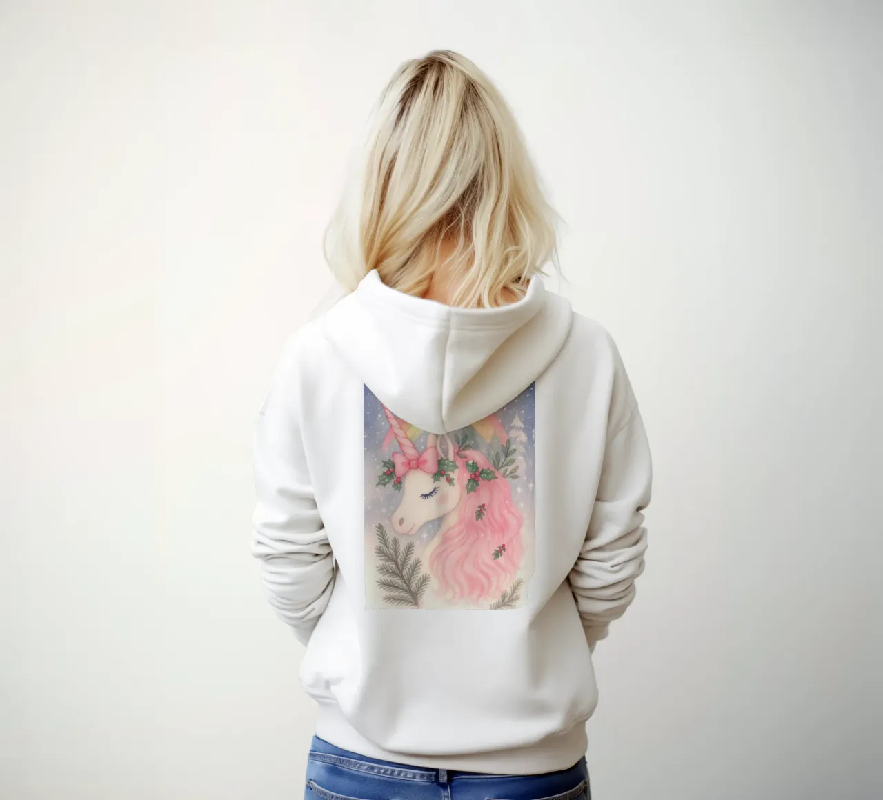 Unicornio de Navidad rosa con arco iris y nieve sudadera con capucha de Gentle Echoes Art