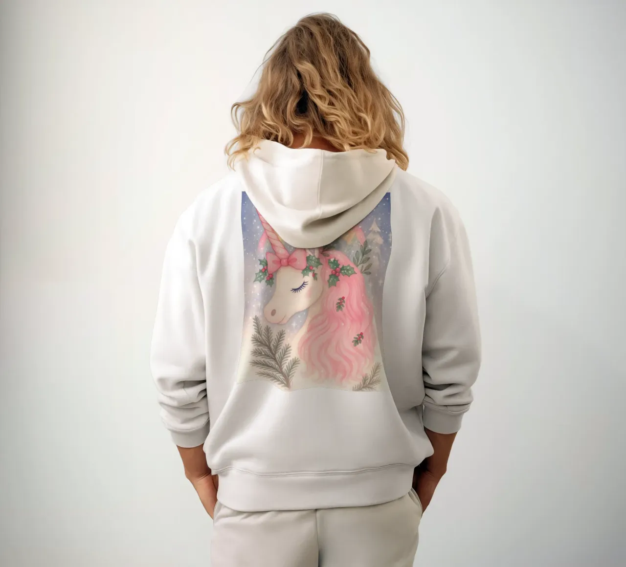 Unicornio de Navidad rosa con arco iris y nieve sudadera con capucha de Gentle Echoes Art