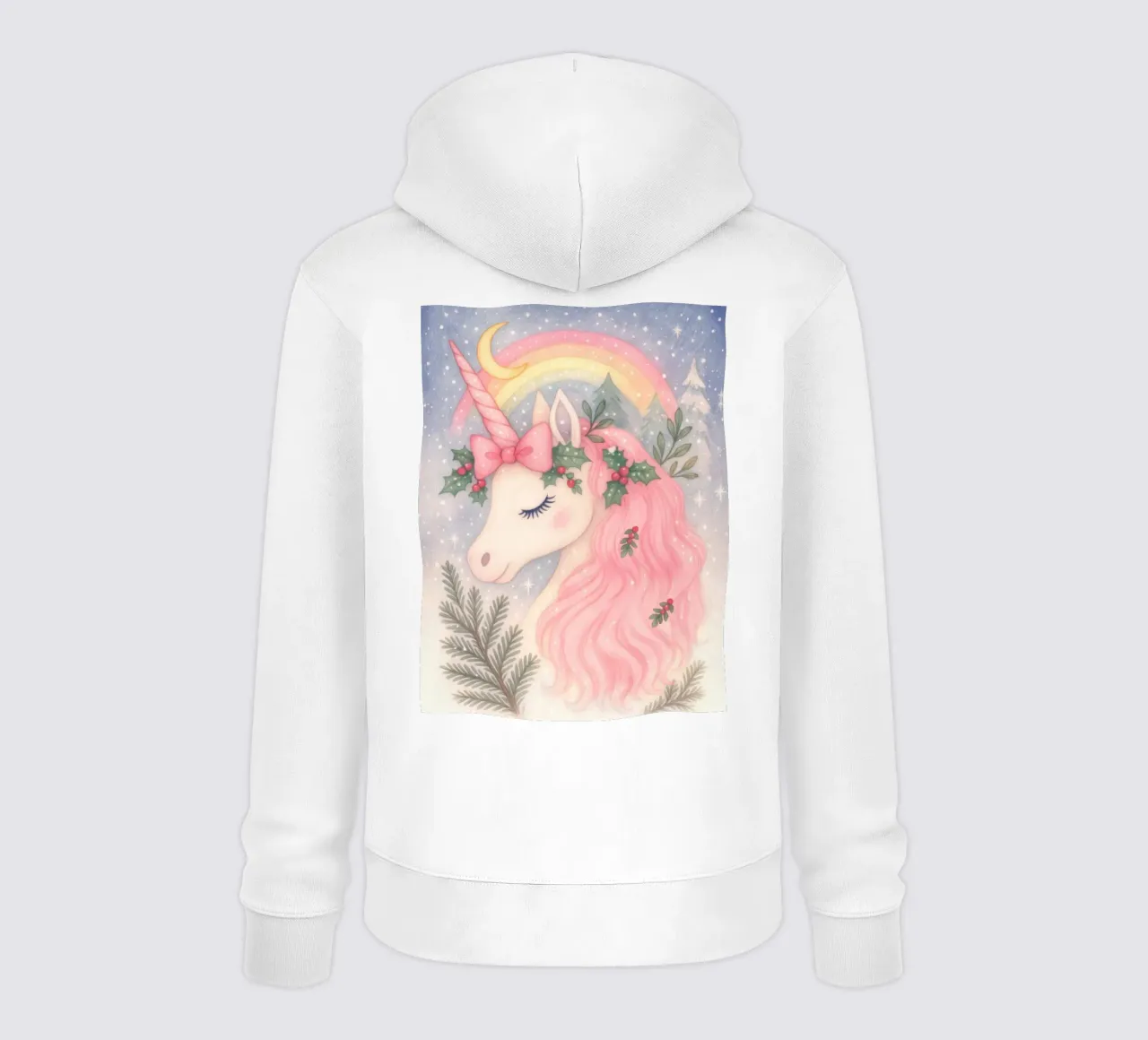 Unicornio de Navidad rosa con arco iris y nieve sudadera con capucha de Gentle Echoes Art