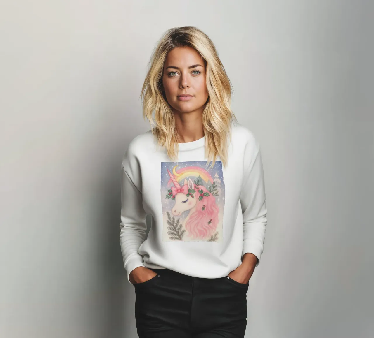 Unicornio de Navidad rosa con arco iris y nieve sudadera de Gentle Echoes Art