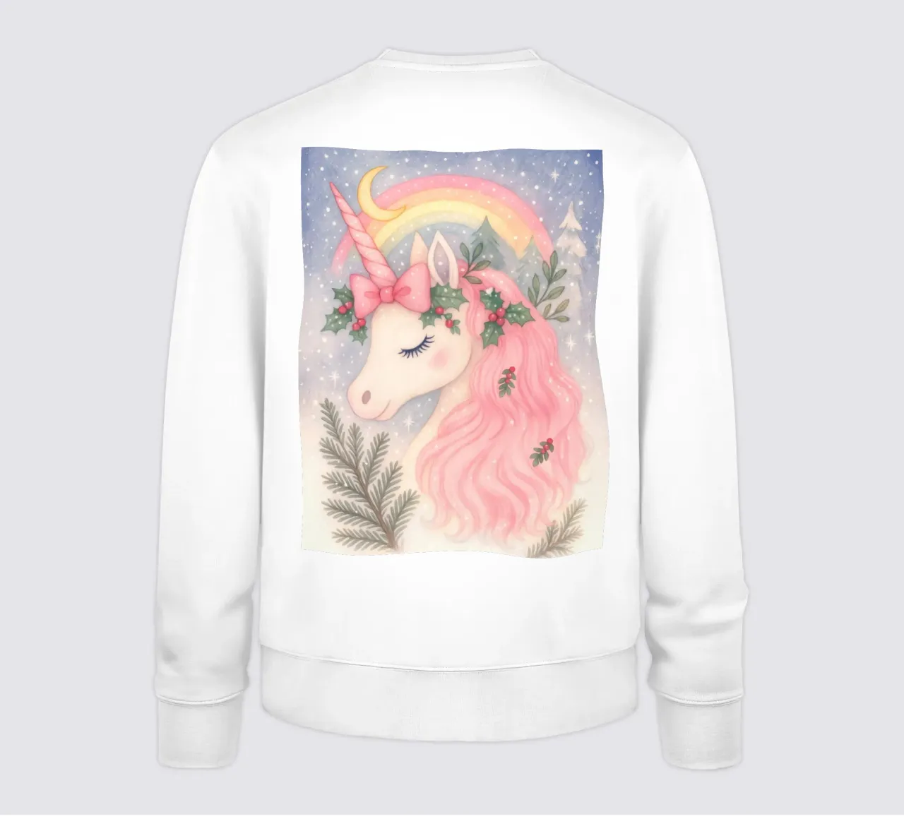 Unicornio de Navidad rosa con arco iris y nieve sudadera de Gentle Echoes Art