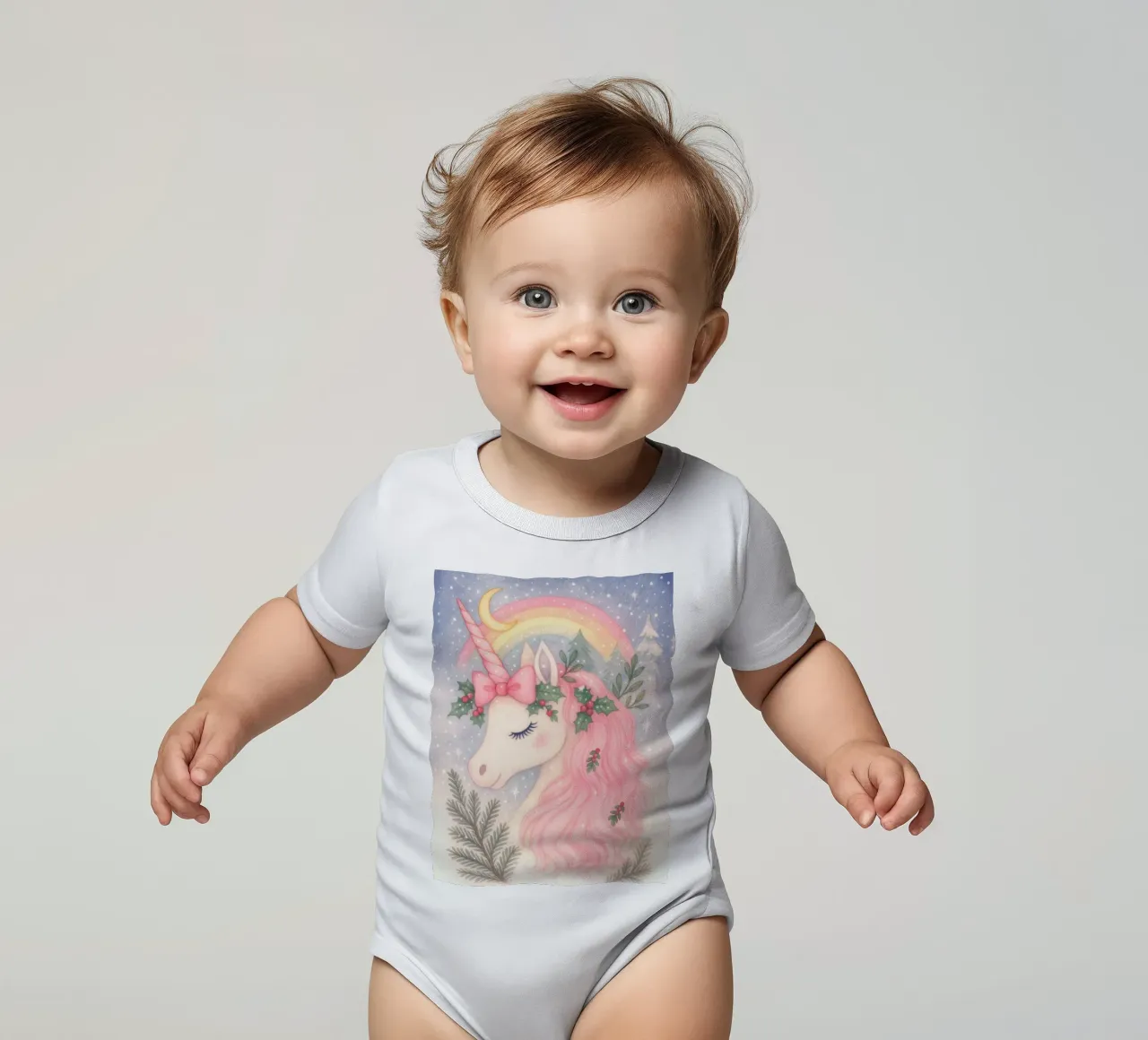 Unicornio de Navidad rosa con arco iris y nieve body de bebé de Gentle Echoes Art