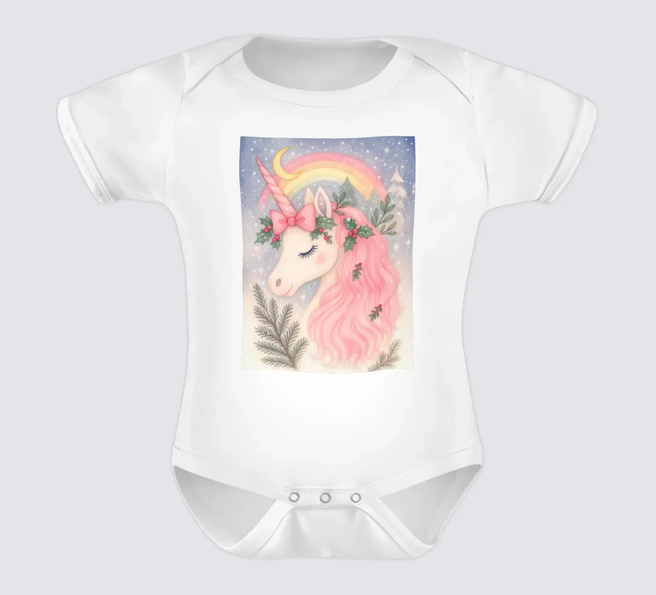 Unicornio de Navidad rosa con arco iris y nieve body de bebé de Gentle Echoes Art
