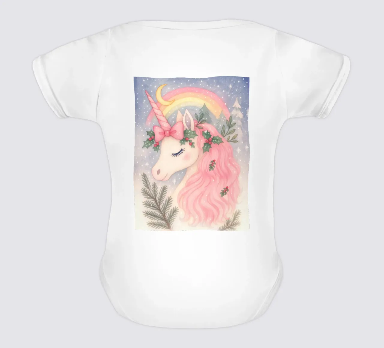 Unicornio de Navidad rosa con arco iris y nieve body de bebé de Gentle Echoes Art