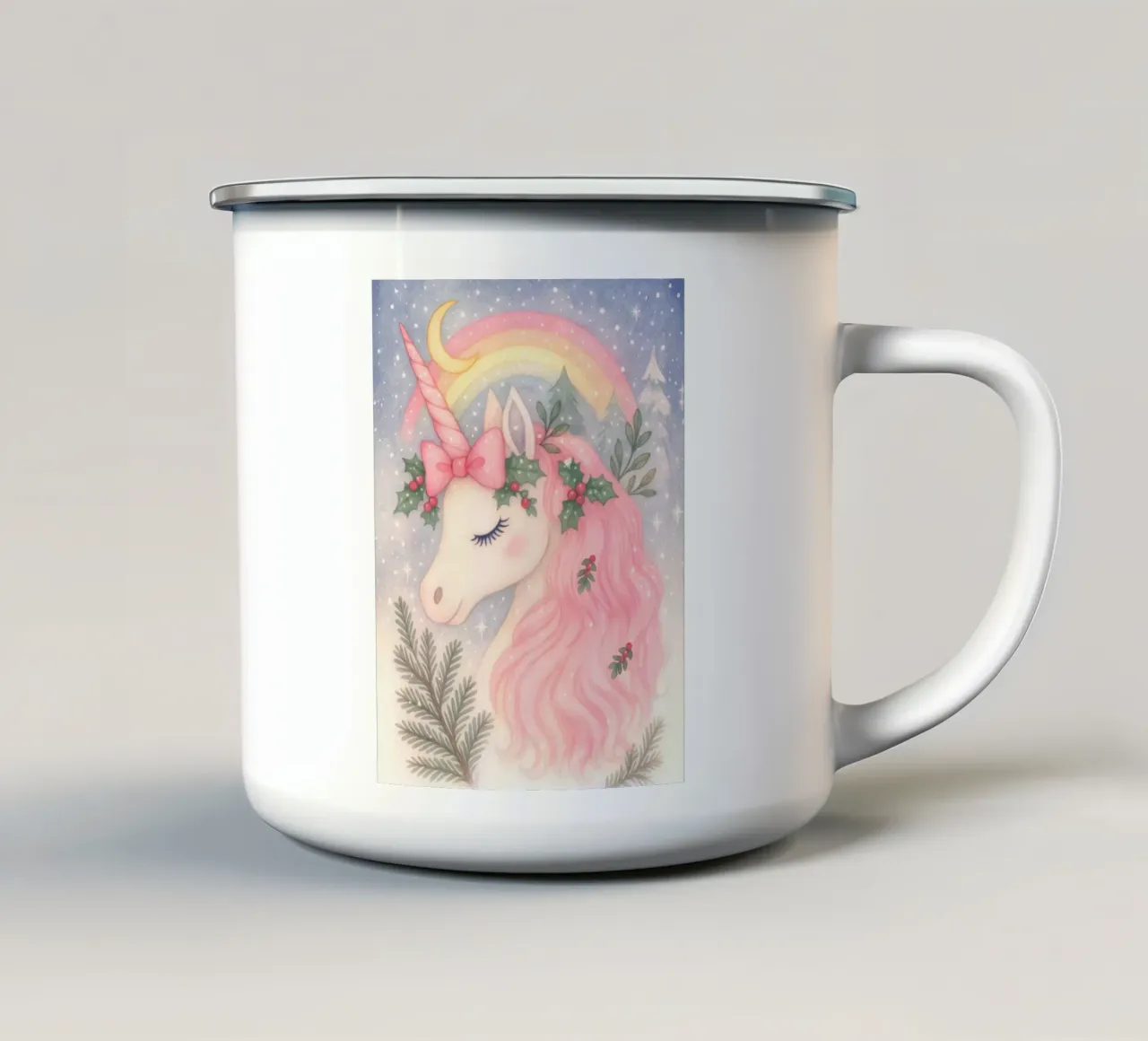 Unicorno rosa di Natale con arcobaleno e neve tazza in smalto da Gentle Echoes Art