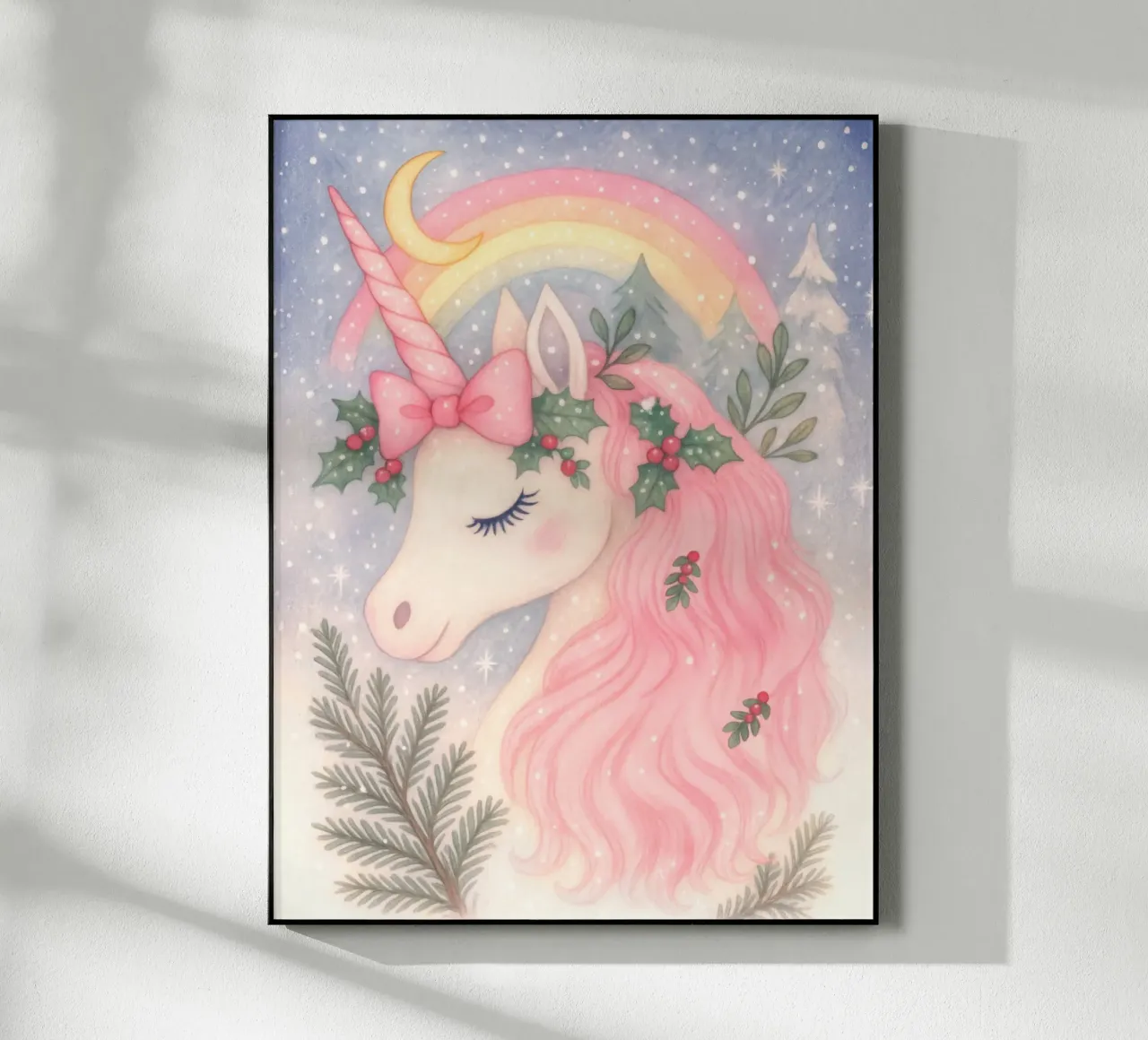 Unicornio de Navidad rosa con arco iris y nieve metacrilato de Gentle Echoes Art