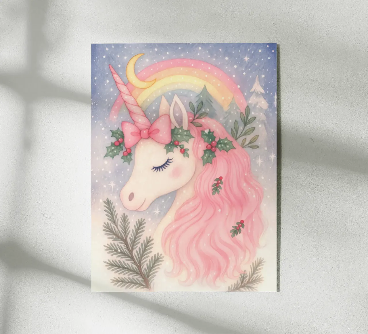 Unicornio de Navidad rosa con arco iris y nieve metacrilato de Gentle Echoes Art