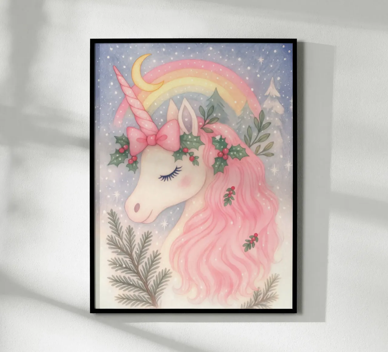 Unicornio de Navidad rosa con arco iris y nieve hahnemühle de Gentle Echoes Art