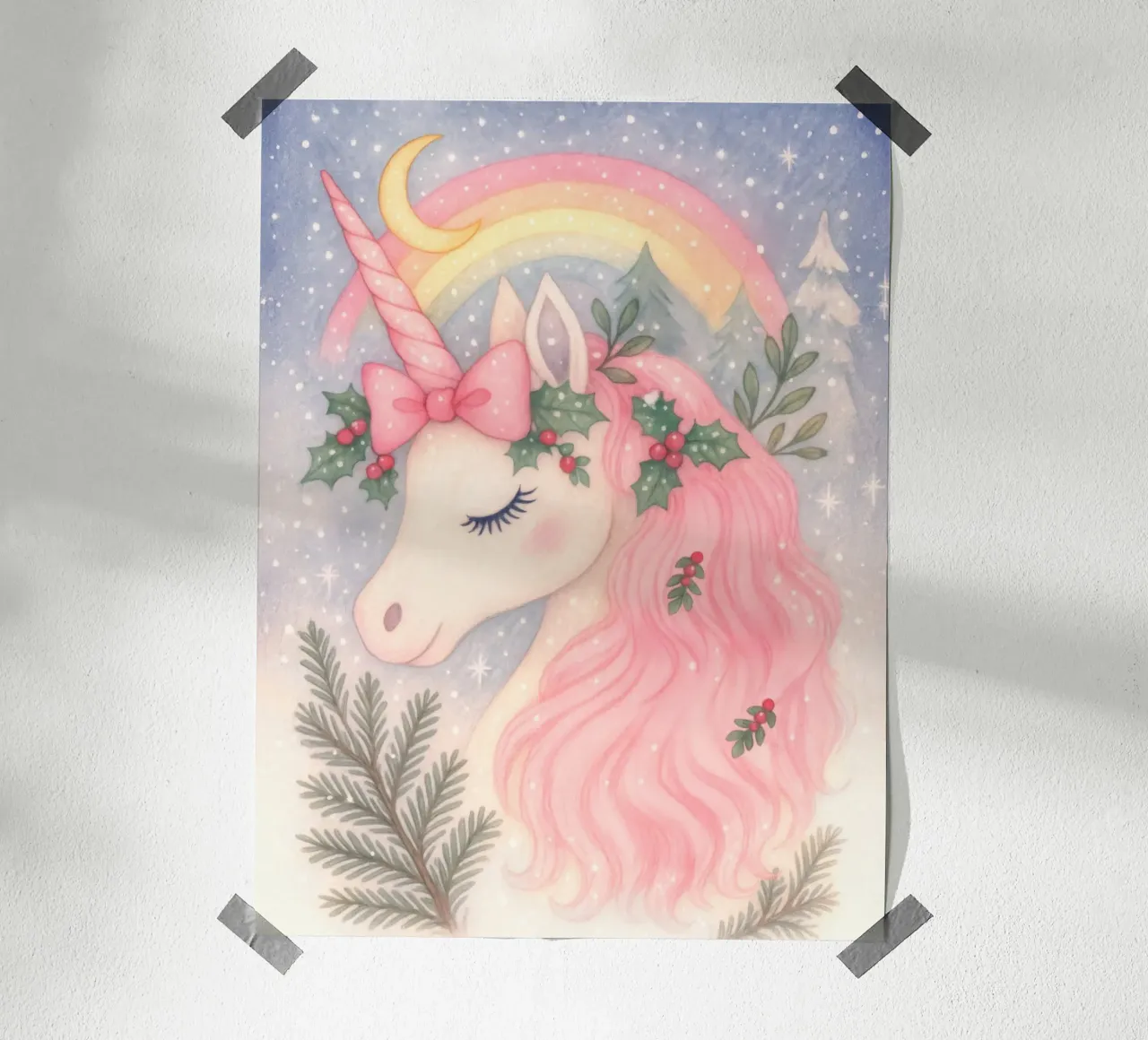 Unicornio de Navidad rosa con arco iris y nieve hahnemühle de Gentle Echoes Art