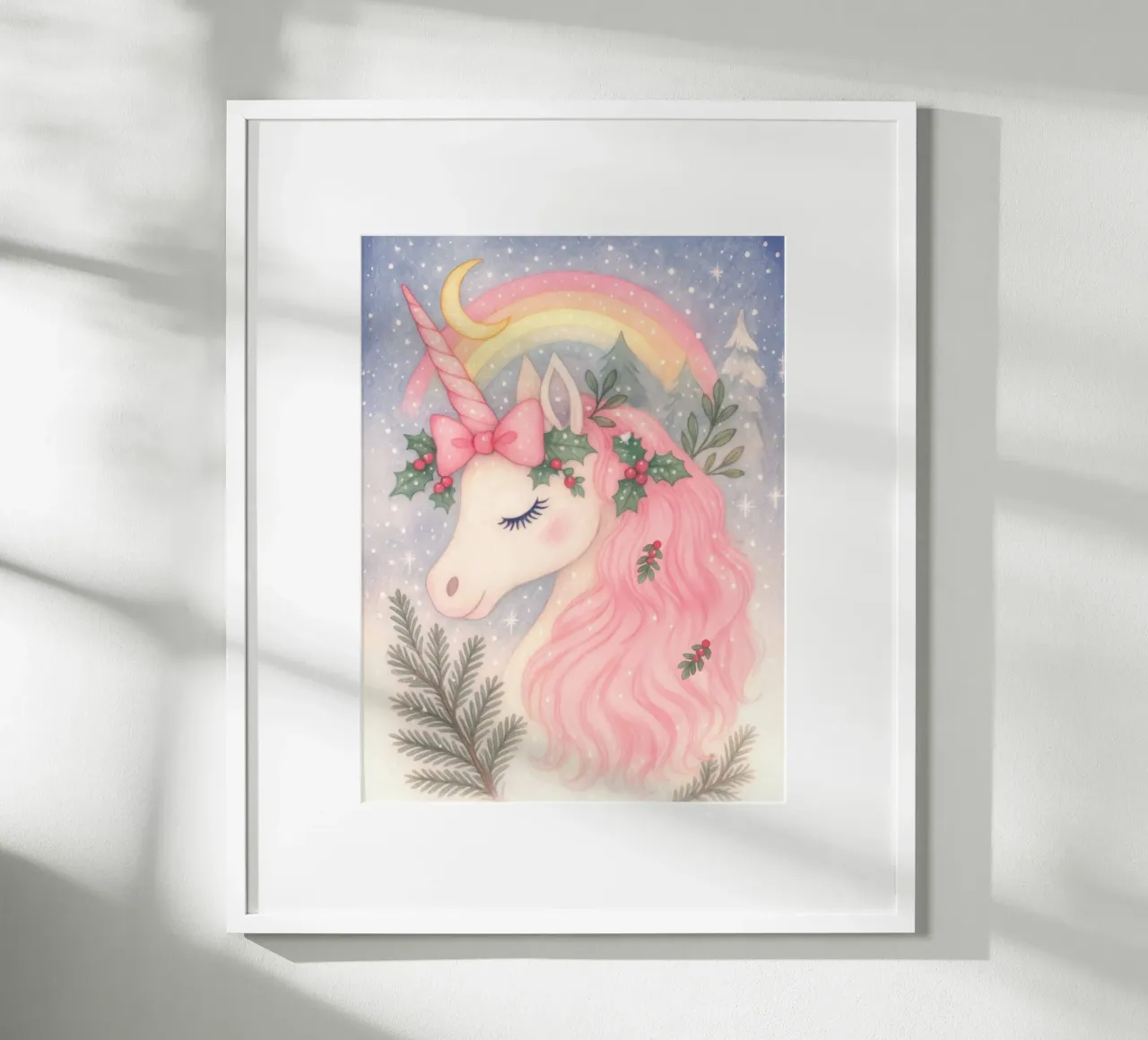 Unicornio de Navidad rosa con arco iris y nieve hahnemühle de Gentle Echoes Art