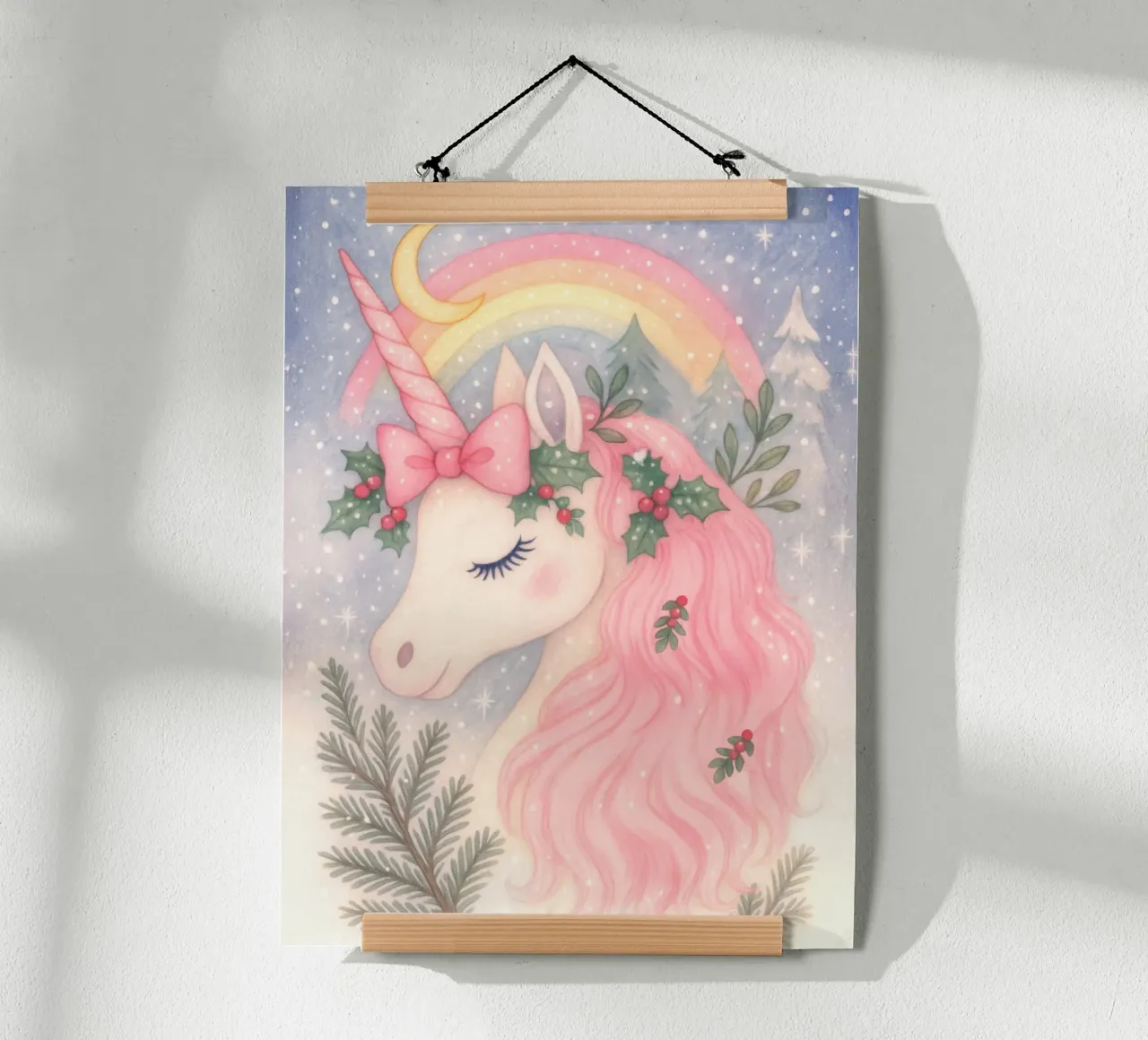 Unicornio de Navidad rosa con arco iris y nieve hahnemühle de Gentle Echoes Art