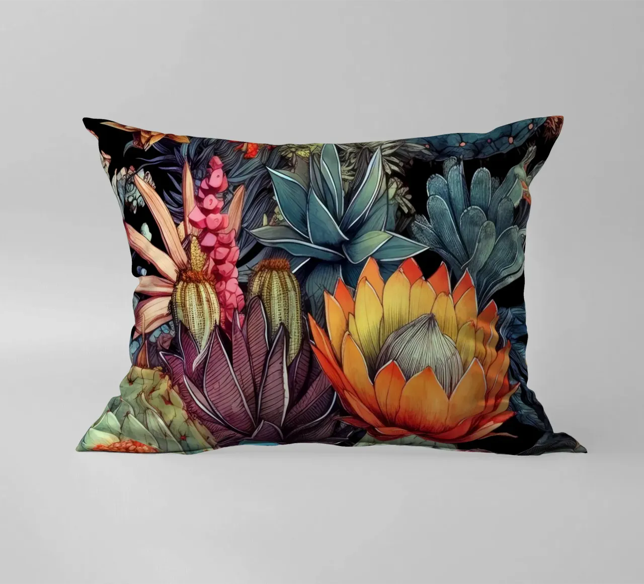 Floral succulents and cacti nature art C decorative cushion by Justyna Jaszke JBJart