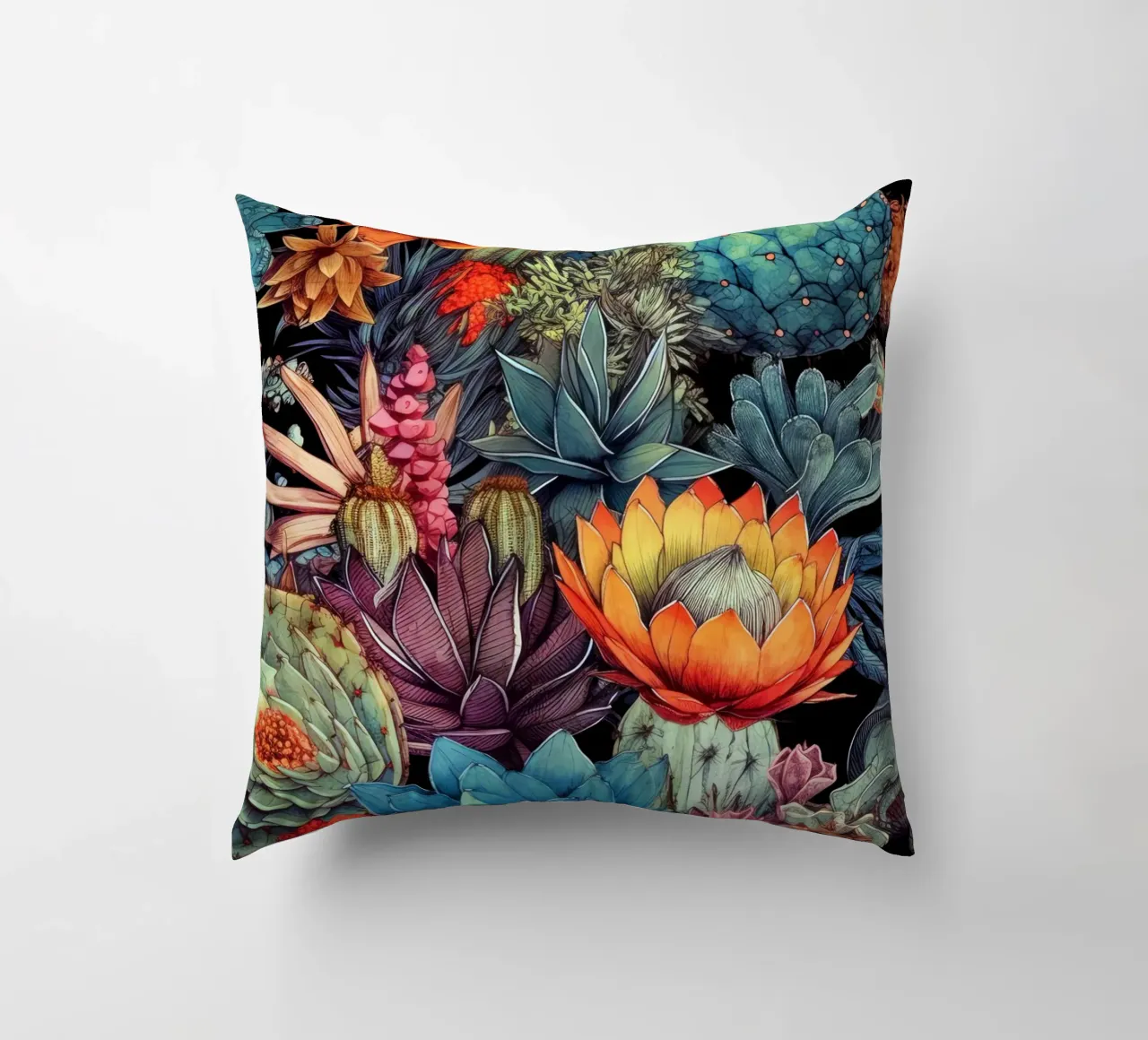 Floral succulents and cacti nature art C decorative cushion by Justyna Jaszke JBJart