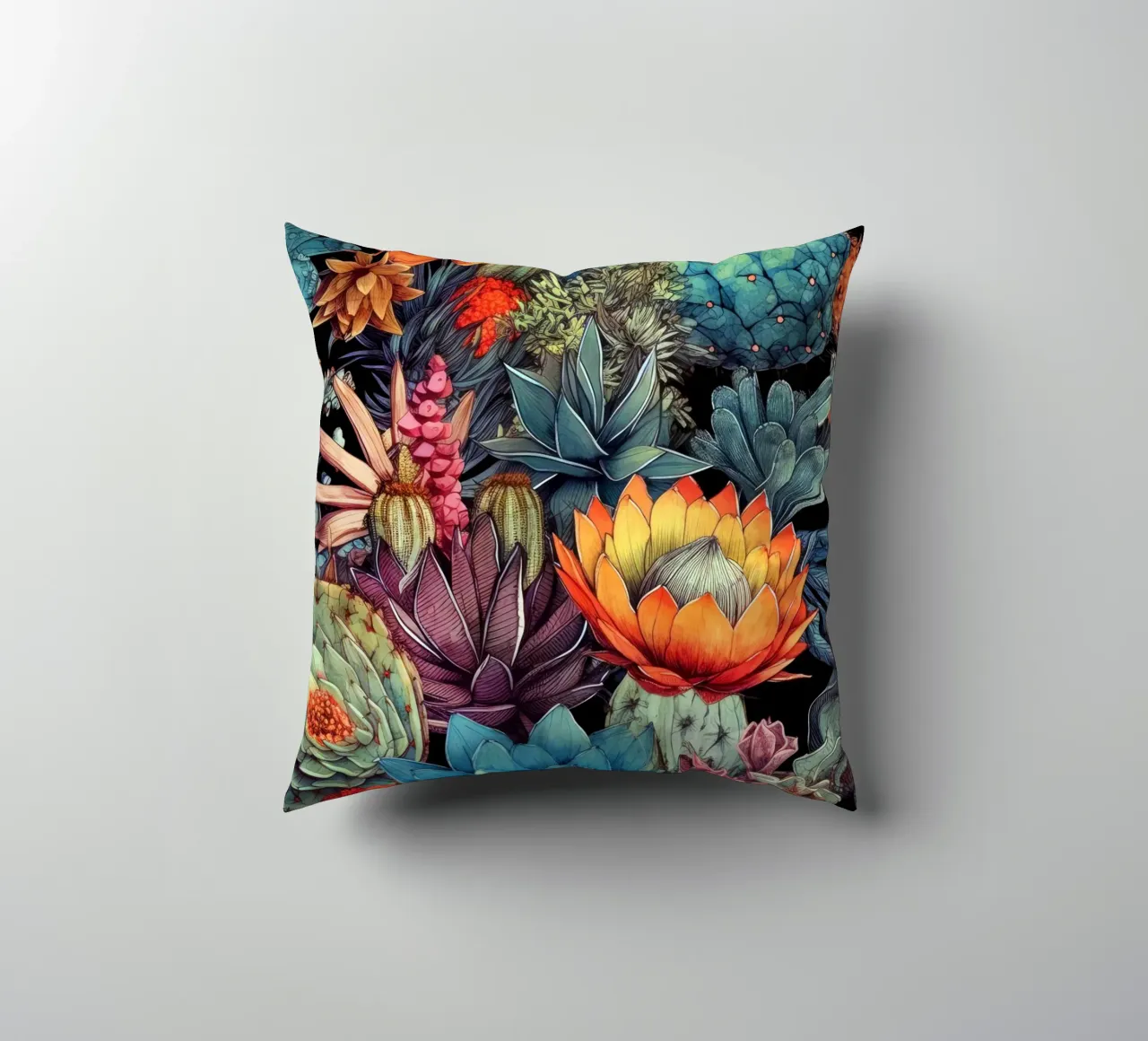 Floral succulents and cacti nature art C decorative cushion by Justyna Jaszke JBJart