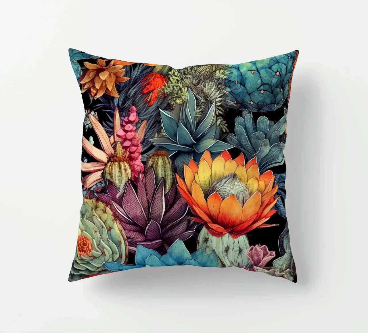 Floral succulents and cacti nature art C decorative cushion by Justyna Jaszke JBJart