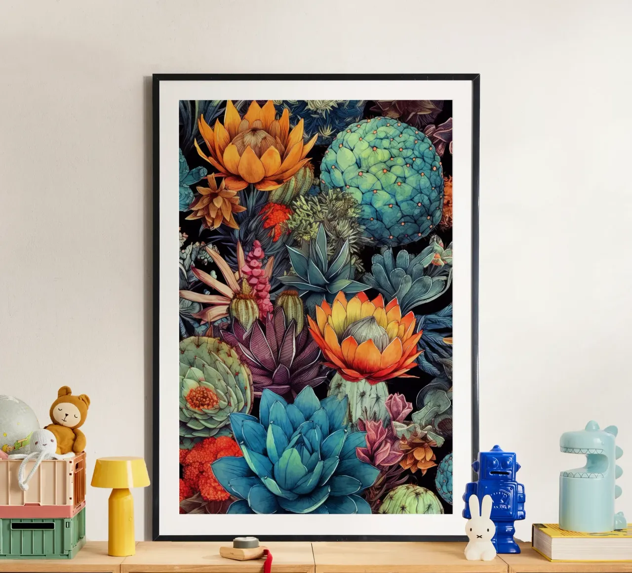 Arte della natura con piante grasse e cactus C poster con telaio in legno da Justyna Jaszke JBJart