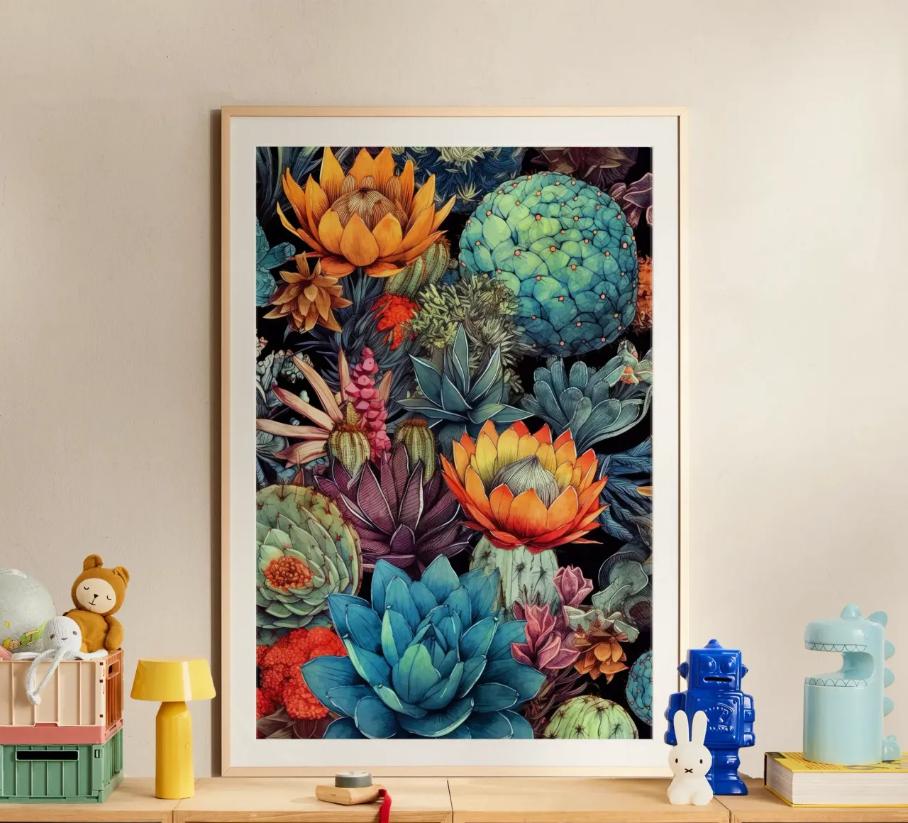Arte della natura con piante grasse e cactus C poster con telaio in legno da Justyna Jaszke JBJart