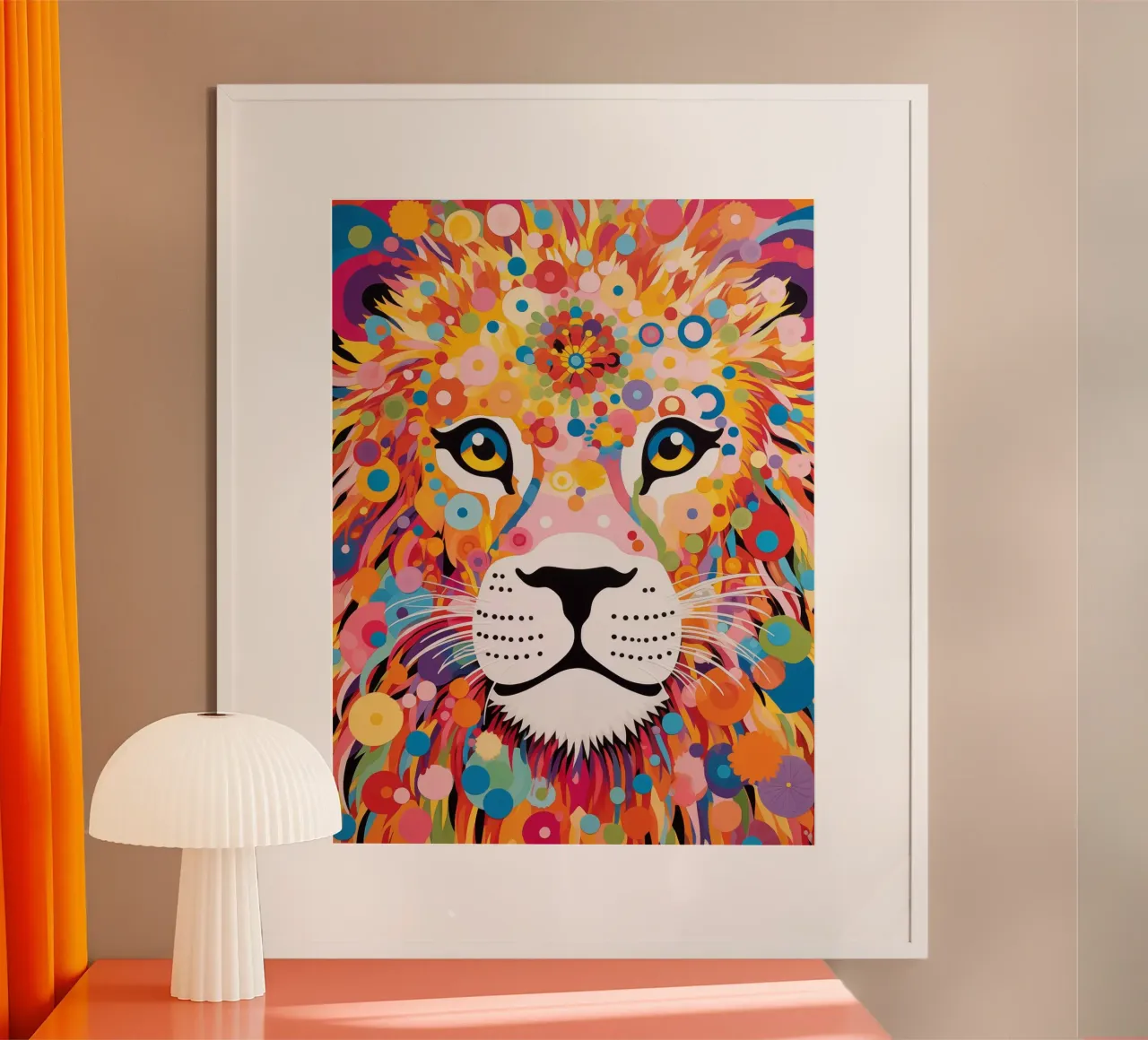 Leone Hippie dal potere floreale | Arte digitale poster con telaio in plastica da Autofocus