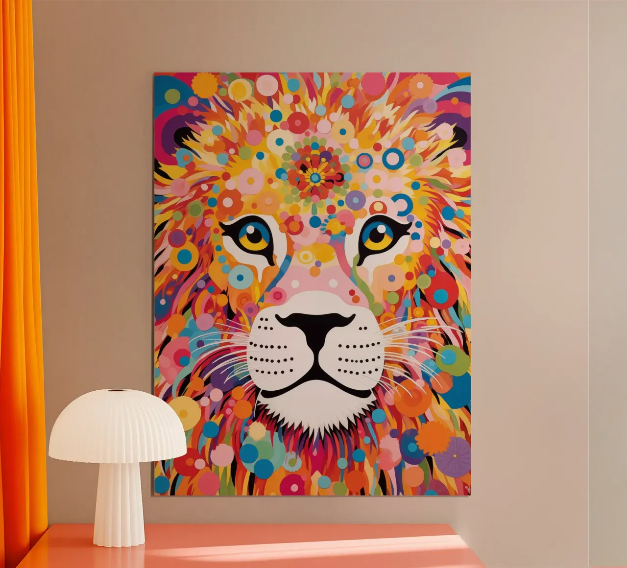 Leone Hippie dal potere floreale | Arte digitale poster con telaio in plastica da Autofocus