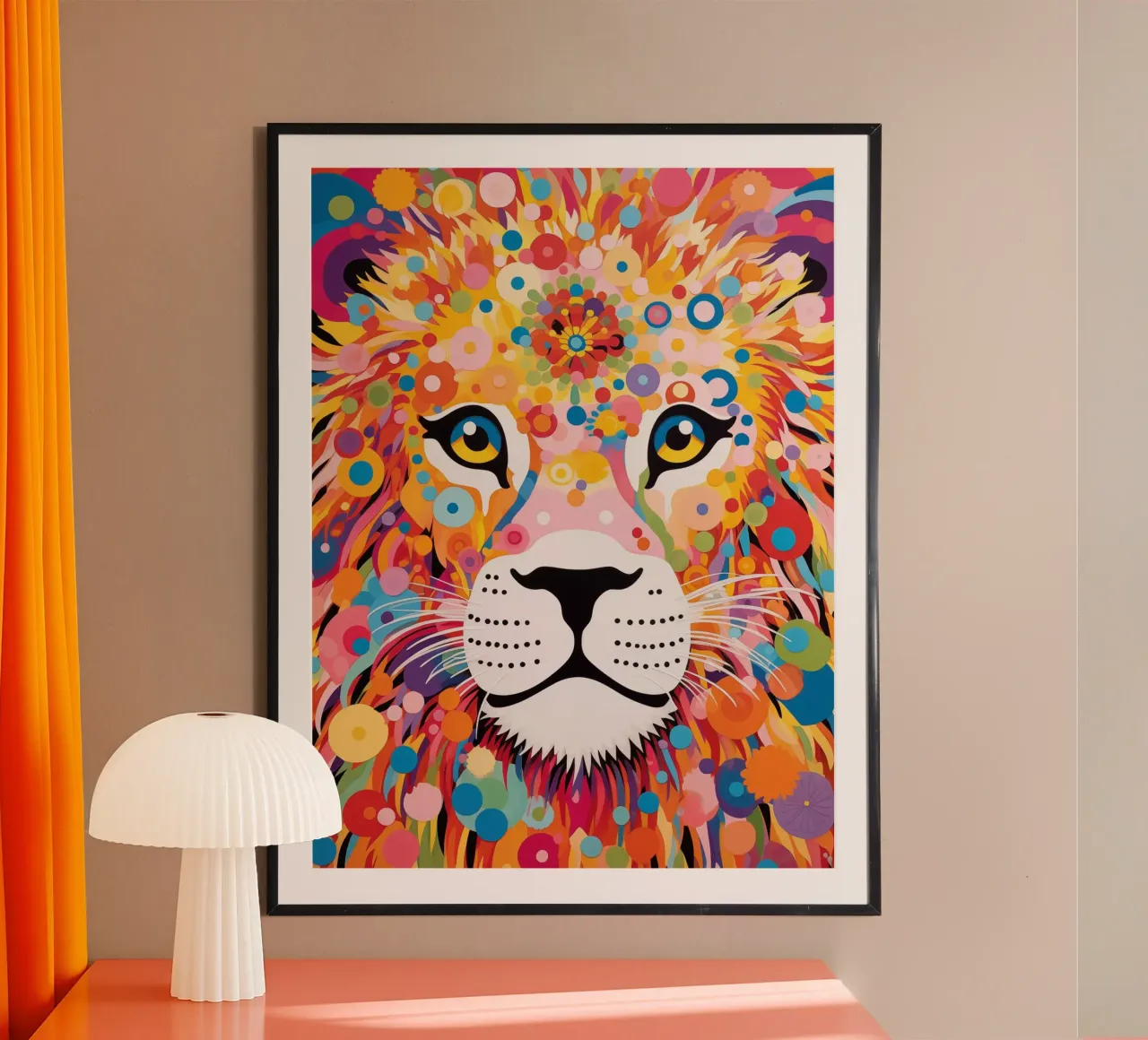 Leone Hippie dal potere floreale | Arte digitale poster con telaio in plastica da Autofocus