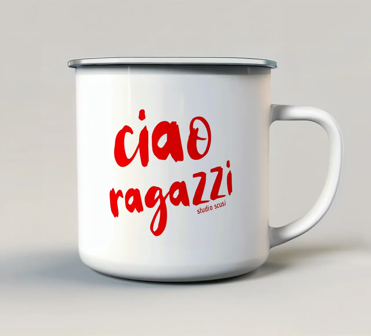 Ciao Ragazzi - rote Pinselschrift tazza in smalto da studio scusi