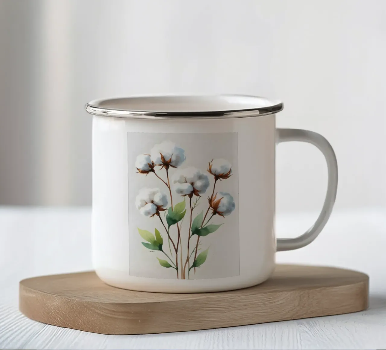 Illustrazione acquerello minimalista di fiori di cotone tazza in smalto da Bloom And Brush