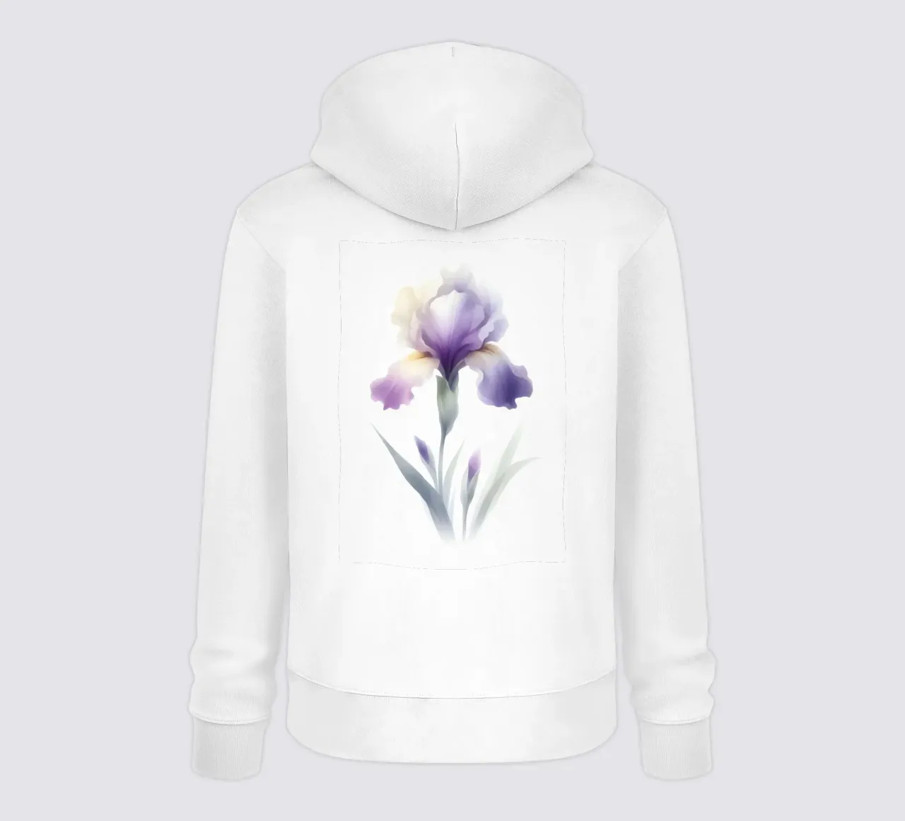 Illustrazione acquerello minimalista di un fiore di iris felpa con cappuccio da Bloom And Brush