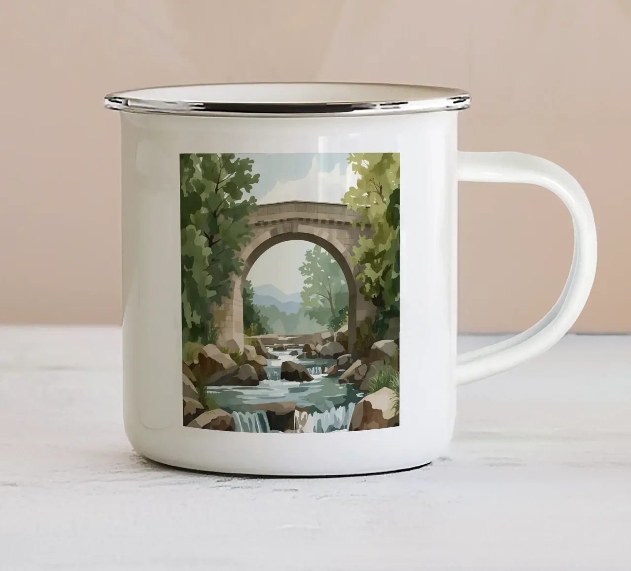 Ponte ad arco in pietra sul fiume Rocky tazza in smalto da DesignDoodle