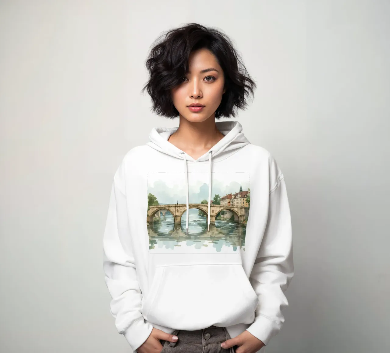 Ponte di pietra sul fiume con edifici e alberi felpa con cappuccio da DesignDoodle
