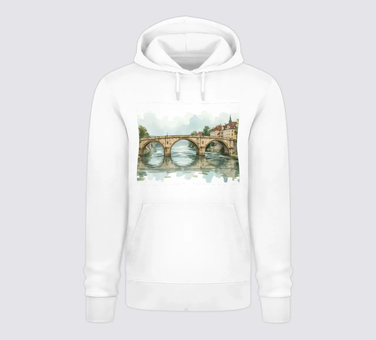 Ponte di pietra sul fiume con edifici e alberi felpa con cappuccio da DesignDoodle