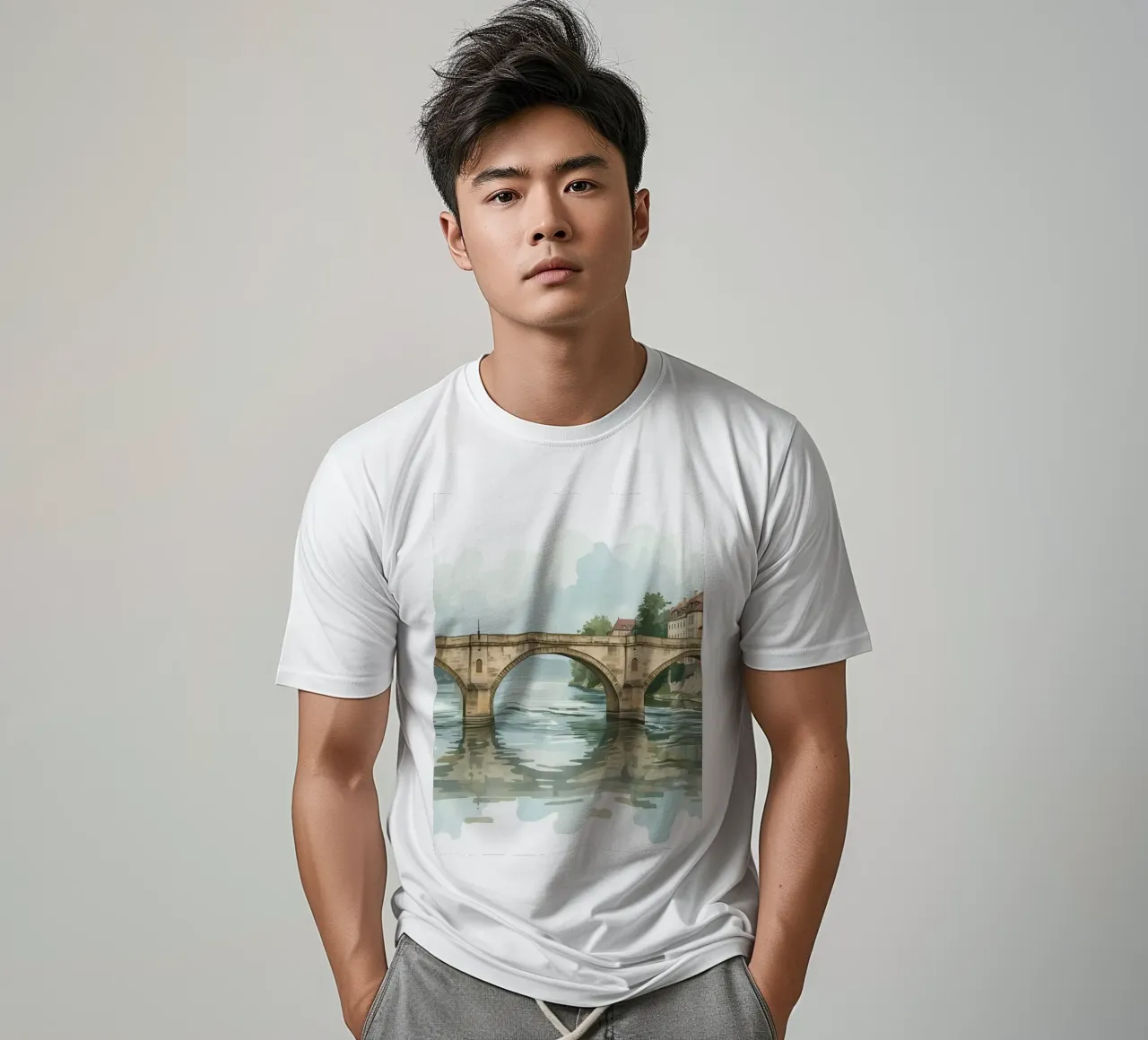 Ponte di pietra sul fiume con edifici e alberi t-shirt da DesignDoodle